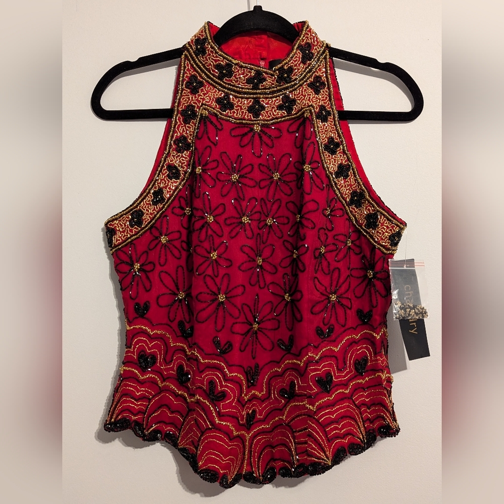 Chaudry KC Indian Silk Sequin Beaded Embellished Mock Neck Sleeveless Top Medium